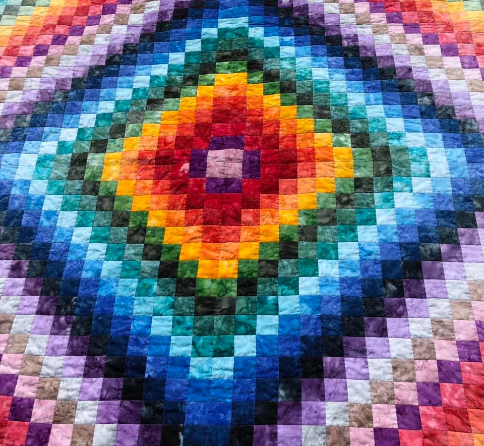 Throw sized ombré batik rainbow squares quilt