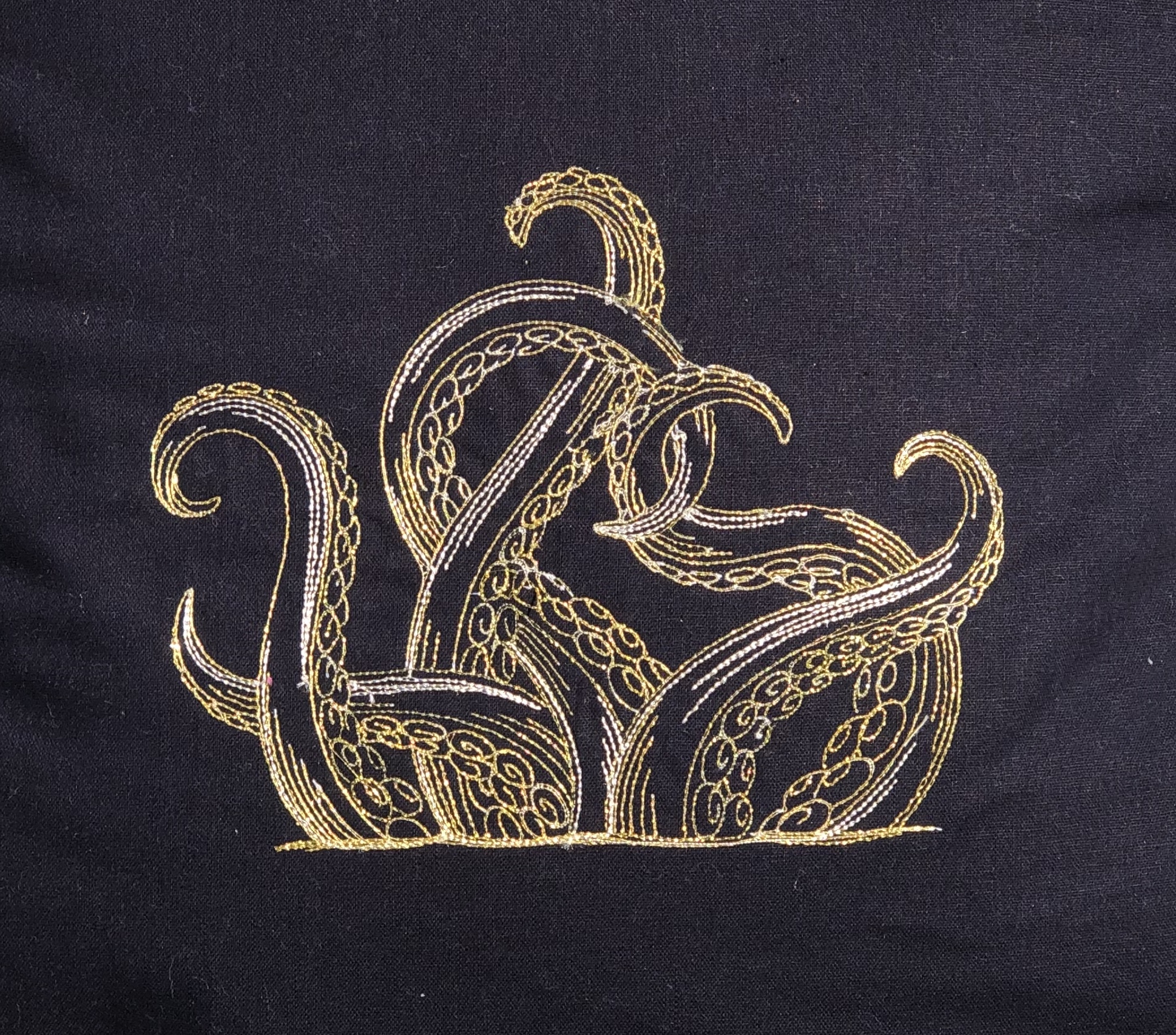 cotton/linen indigo and silk dupioni pillow with gold metallic tentacle