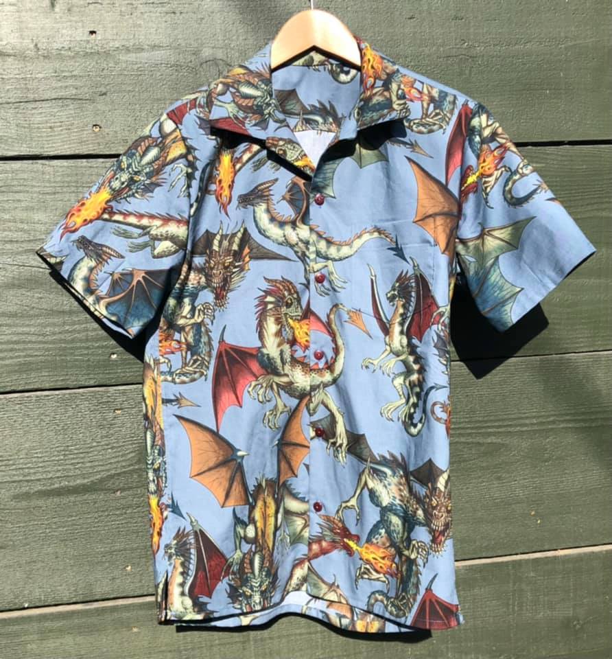 Men’s S slate blue flaming dragons tropical shirt