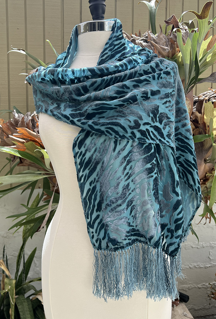 Tonal teal silk chiffon and rayon velvet abstract animal print devoré scarf