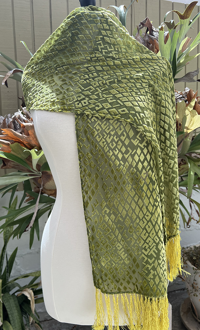 Olive silk ciffon and chartreuse rayon velvet diamond devoré scarf