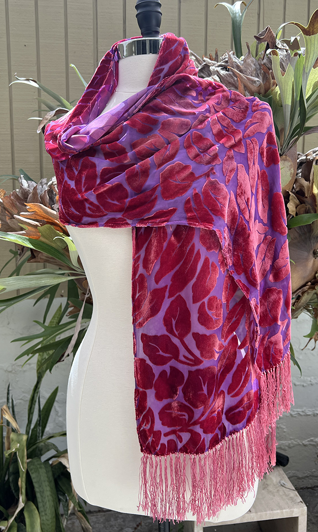 Purple silk chiffon and magenta rayon devoré velvet leaf scarf