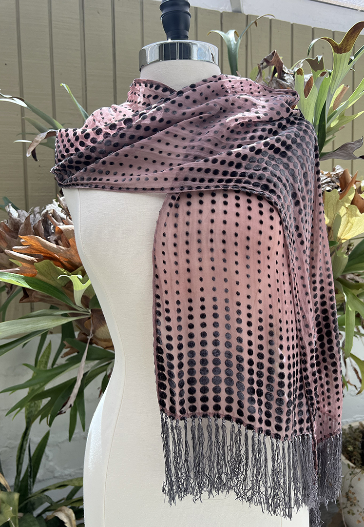 Dusty pink silk chiffon and black rayon velvet devoré polka dotted scarf