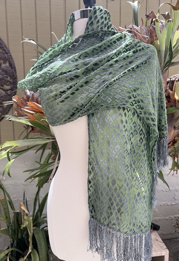 Moss green silk chiffon and sage green rayon velvet devoré diamond scarf