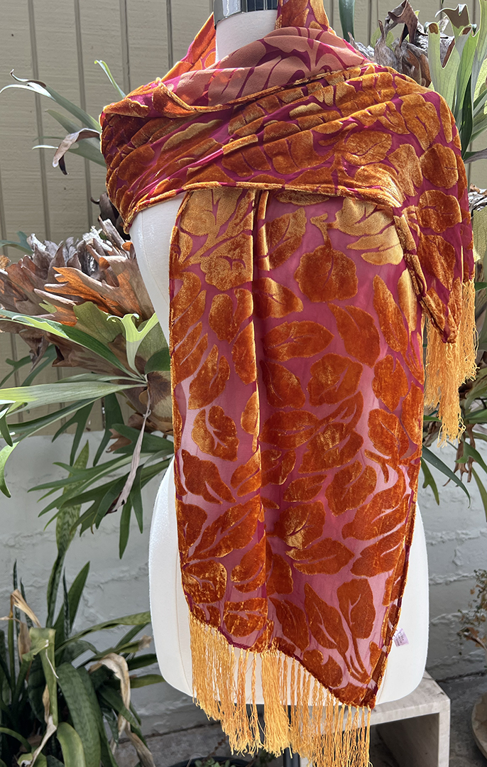 Red silk chiffon and orange rayon devoré velvet leaf pattern scarf