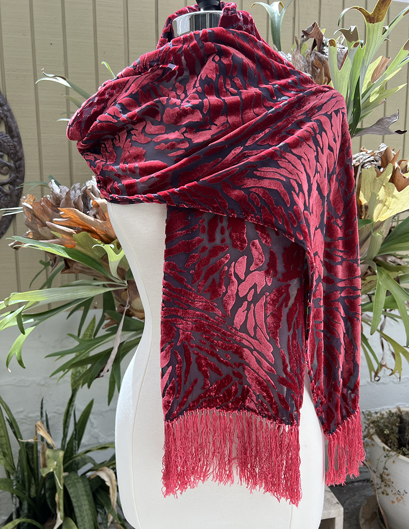 Black silk chiffon and red rayon velvet abstract pattern devoré scarf