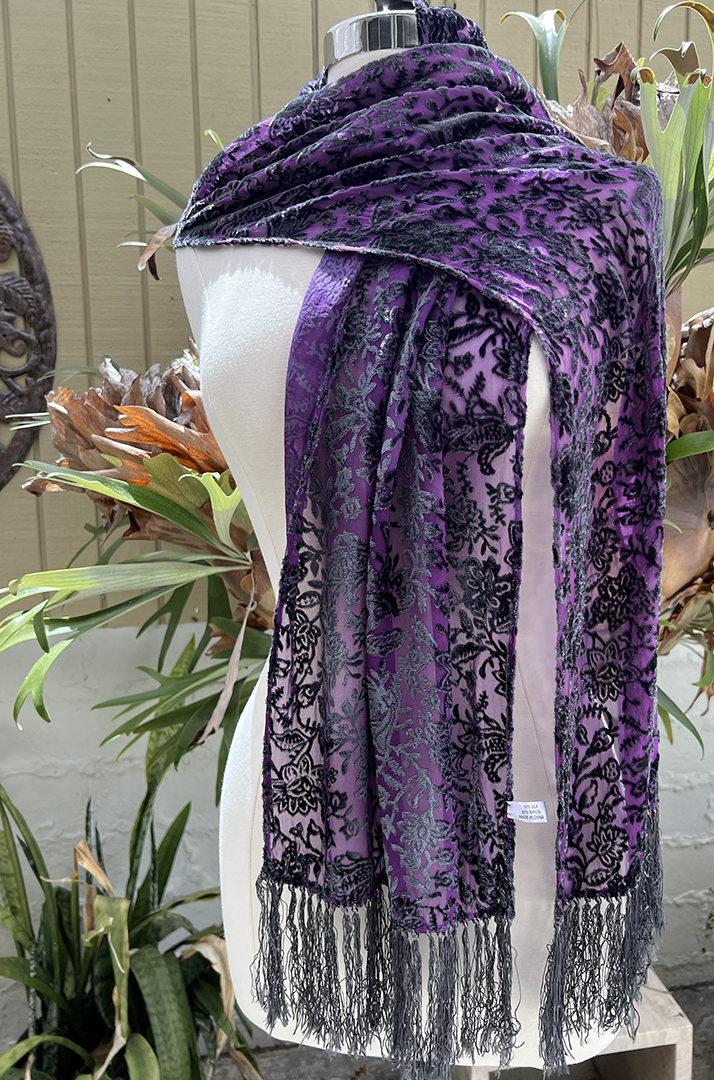 Purple silk chiffon and black rayon velvet devoré fringed floral scarf