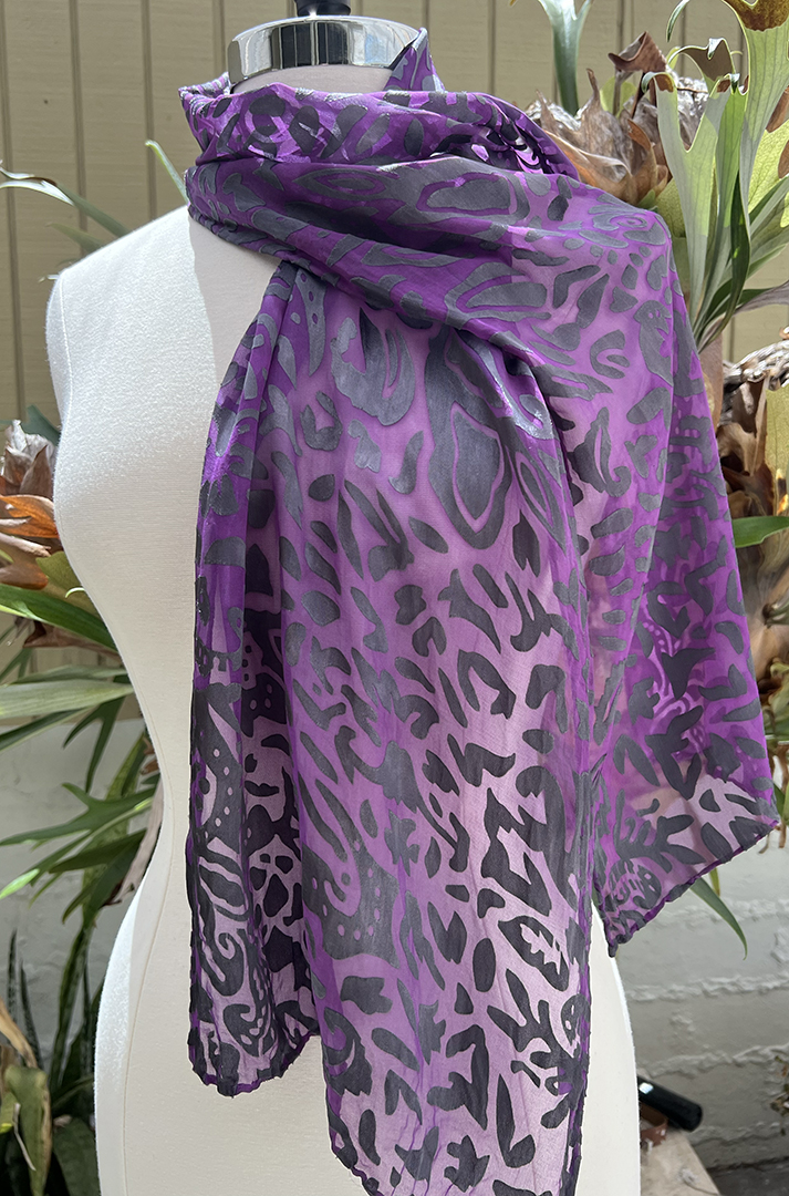 Purple and black abstract print silk rayon devoré scarf