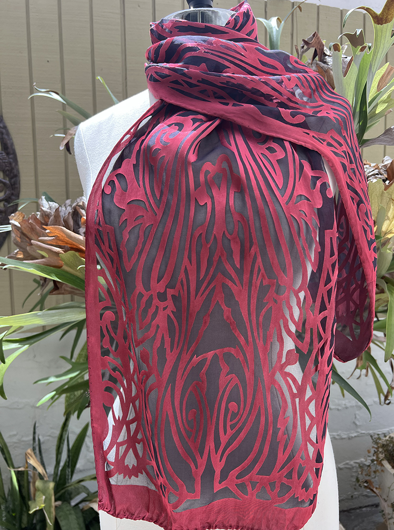 Black and red art deco silk rayon devoré scarf