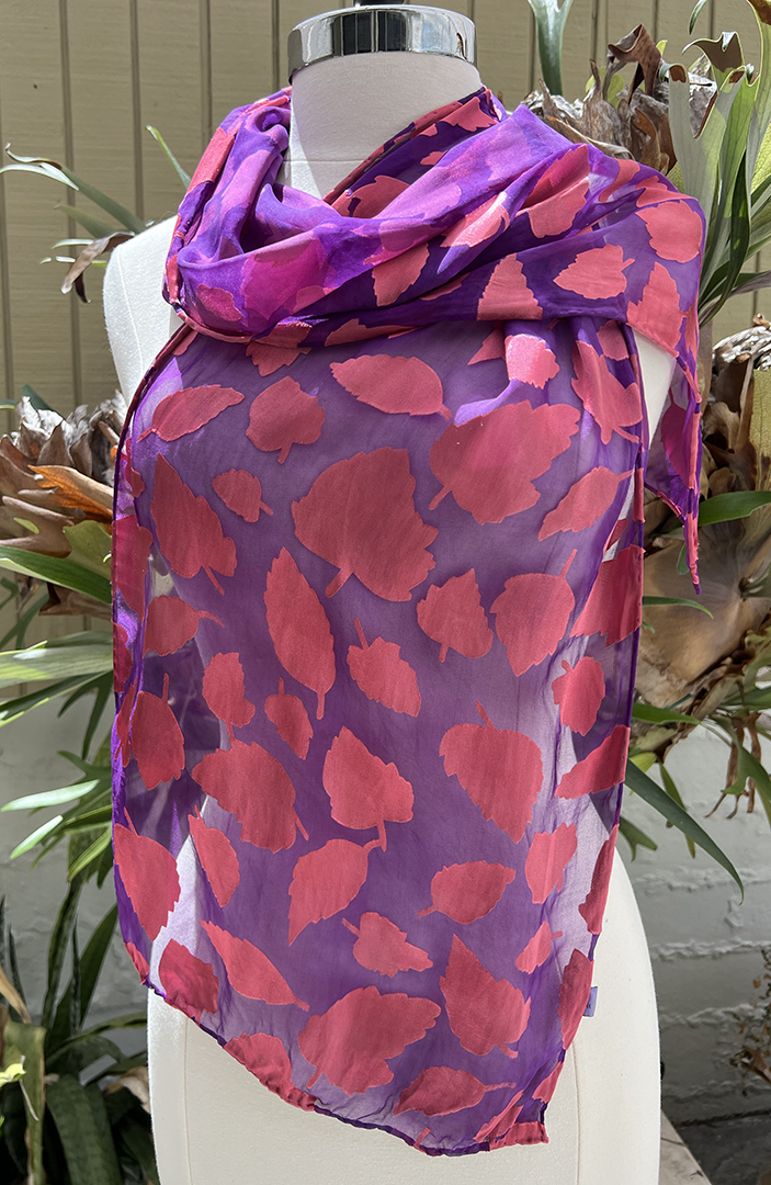 Purple and pink leaf print silk and rayon devoré scarf